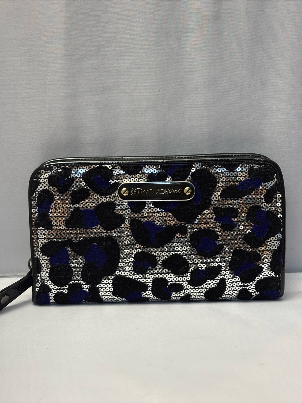 Betsey Johnson Silver Sequin Wallet with Blue and Black Leopard Print